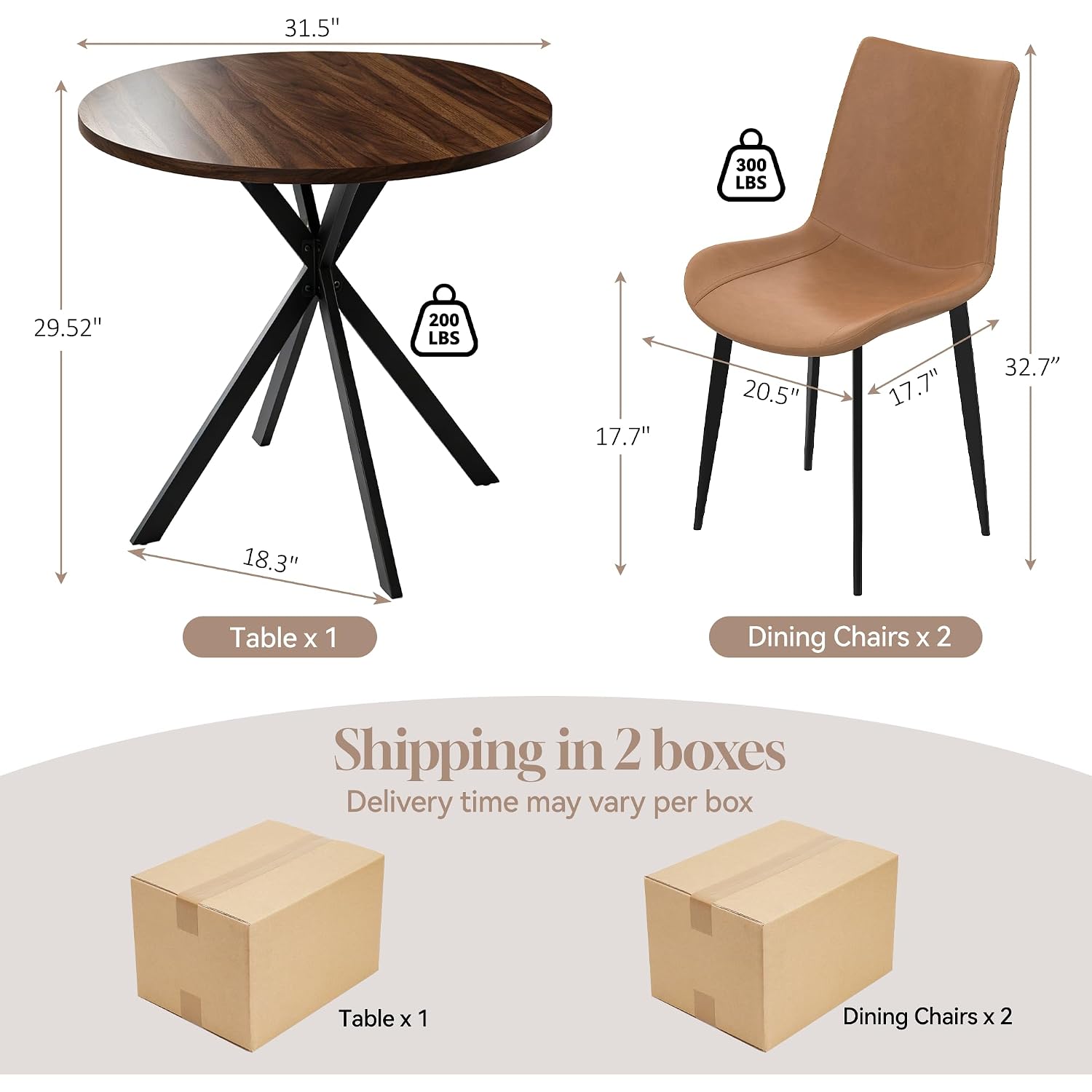 31.5" Round Dining Table And Chairs Set For 2, Small Dining Table Chairs Set Space-Saving, Small Dinette Sets For 2 For Kitchen Dining Room Apartment(Walnut Table + Brown Chairs)