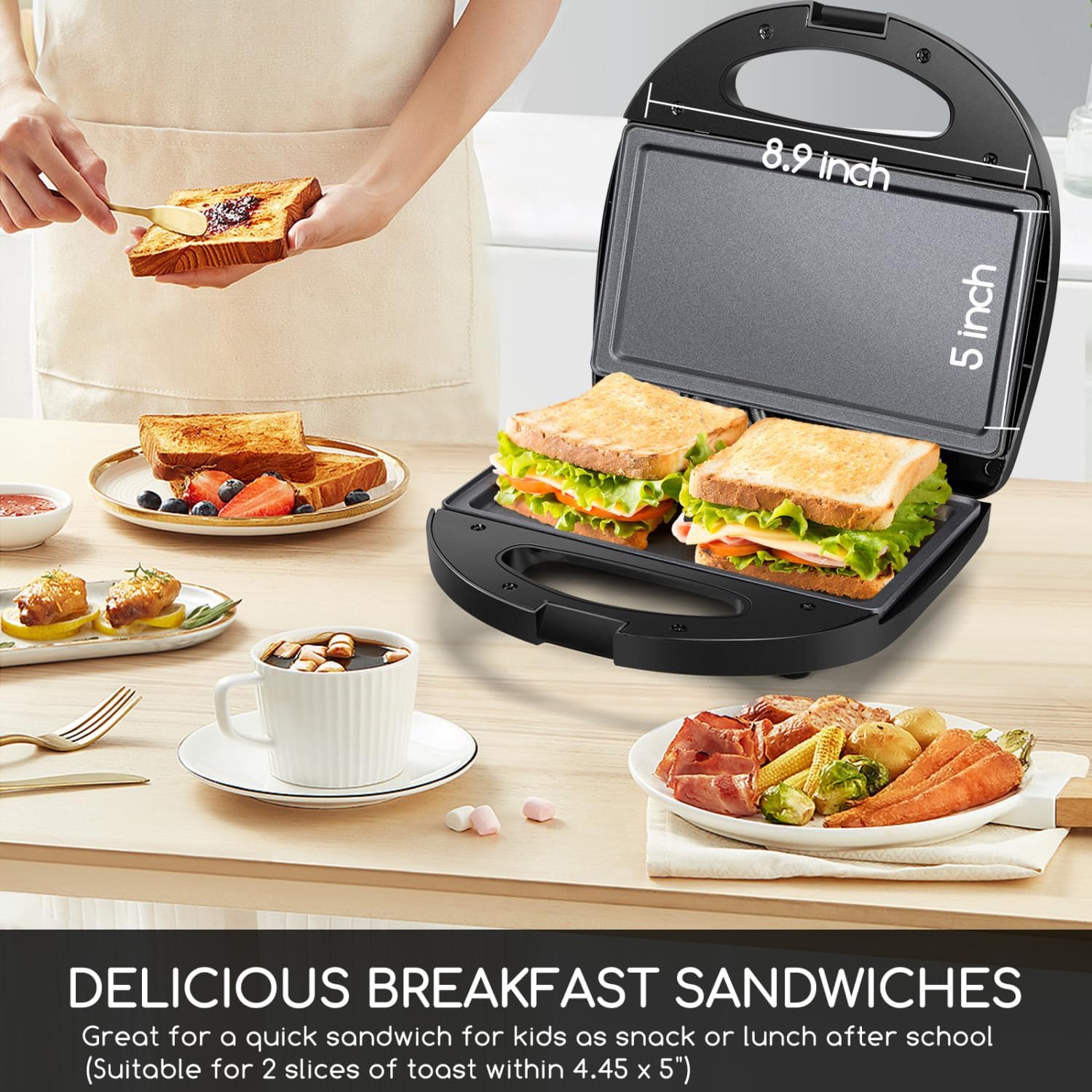 Aigostar Sandwich Maker With Non-Stick Deep Grid Surface For Egg, Ham, Steaks Compact Electric Grill Tostadora De Pan Black, Etl Certificated, Roy