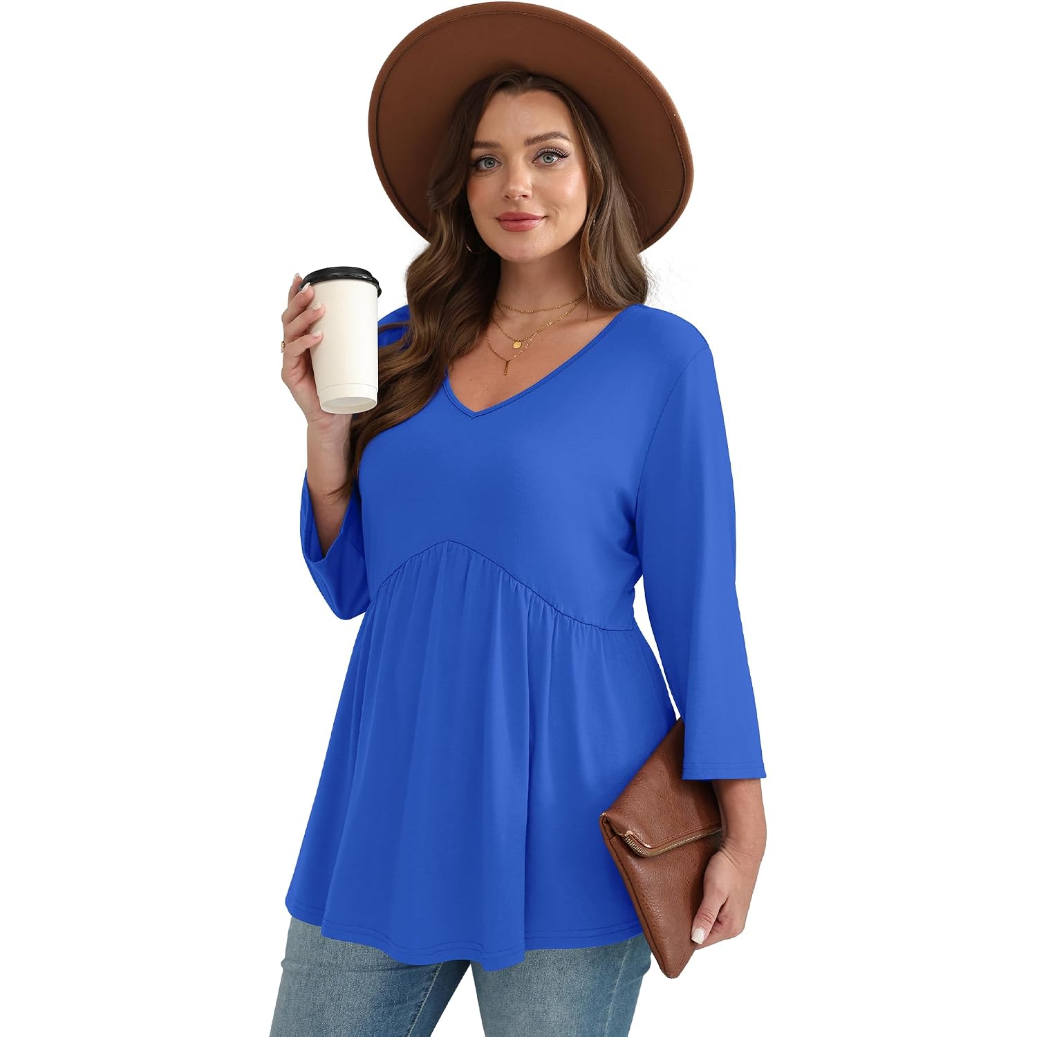 OFEEFAN 3/4 Length Sleeve Womens Tops 2025 Blouses for Women Dressy Casual Fashion Clothing V Neck Babydoll Tops Fall Outfits