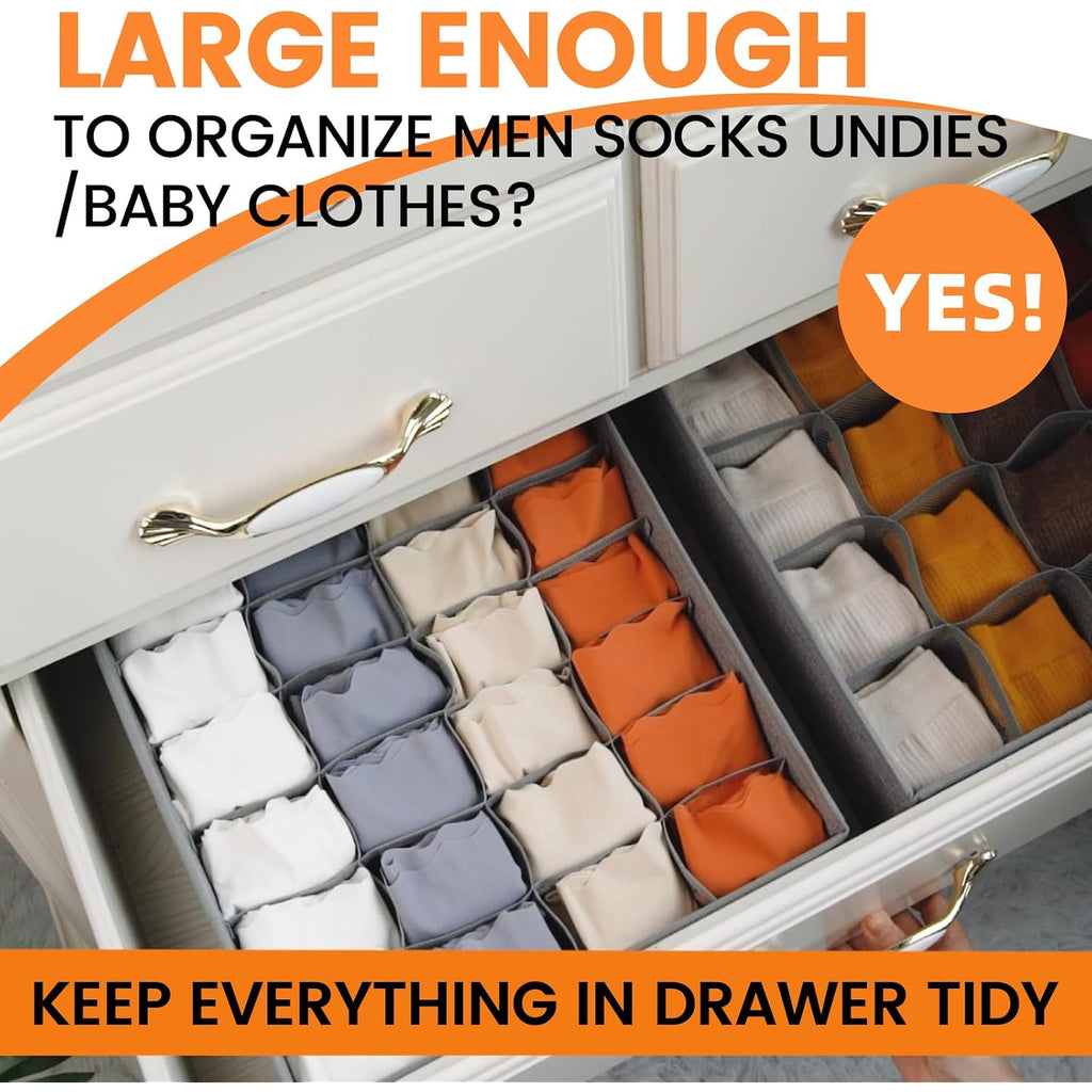 3 Pack Sock Underwear Drawer Organizer Dividers, 64 Cell Fabric Foldable Dresser Organizer For Closet Organizers And Storage Boxes For Organizing Socks, Underwear, Ties (16+24+24 Cell, Gray)