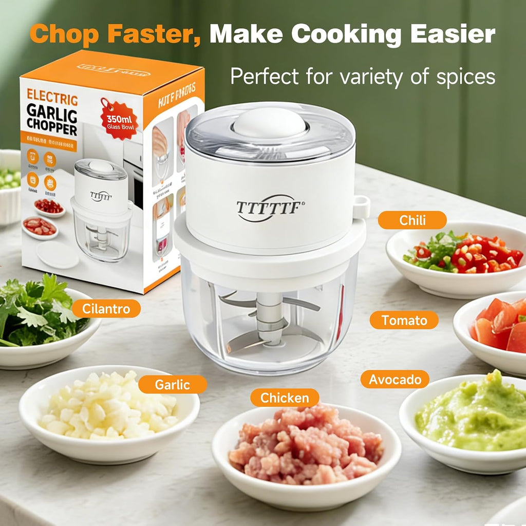 Electric Garlic Chopper, 350Ml Glass Bowl Mini Food Processor, Portable Veggie Chopper Onion Garlic Grinder, Wireless Food Processor For Ginger, Chili, Fruit, Meat, Etc