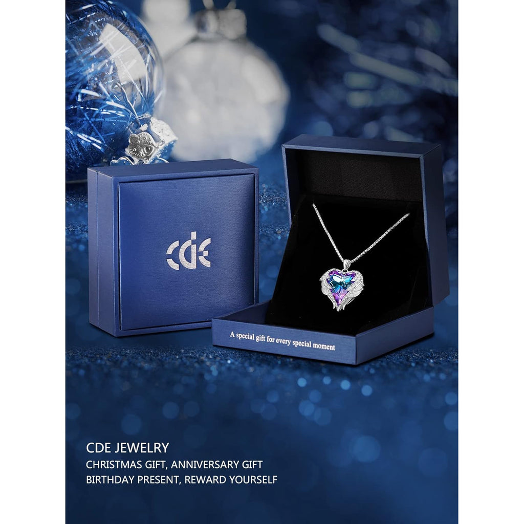 CDE Mothers Day Gifts for Women Angel Wings Necklace for Women with Birthstone, Love Heart Silver Tone/Gold Tone Pendant, Ideal Anniversary or Birthday Jewelry Gifts for Wife Girlfriend Her