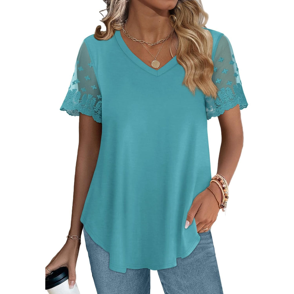 Ofeefan Casual V Neck T Shirts For Women Lace Short Sleeve Curved Hem Tops Loose Fit