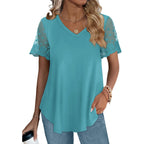 Ofeefan Casual V Neck T Shirts For Women Lace Short Sleeve Curved Hem Tops Loose Fit