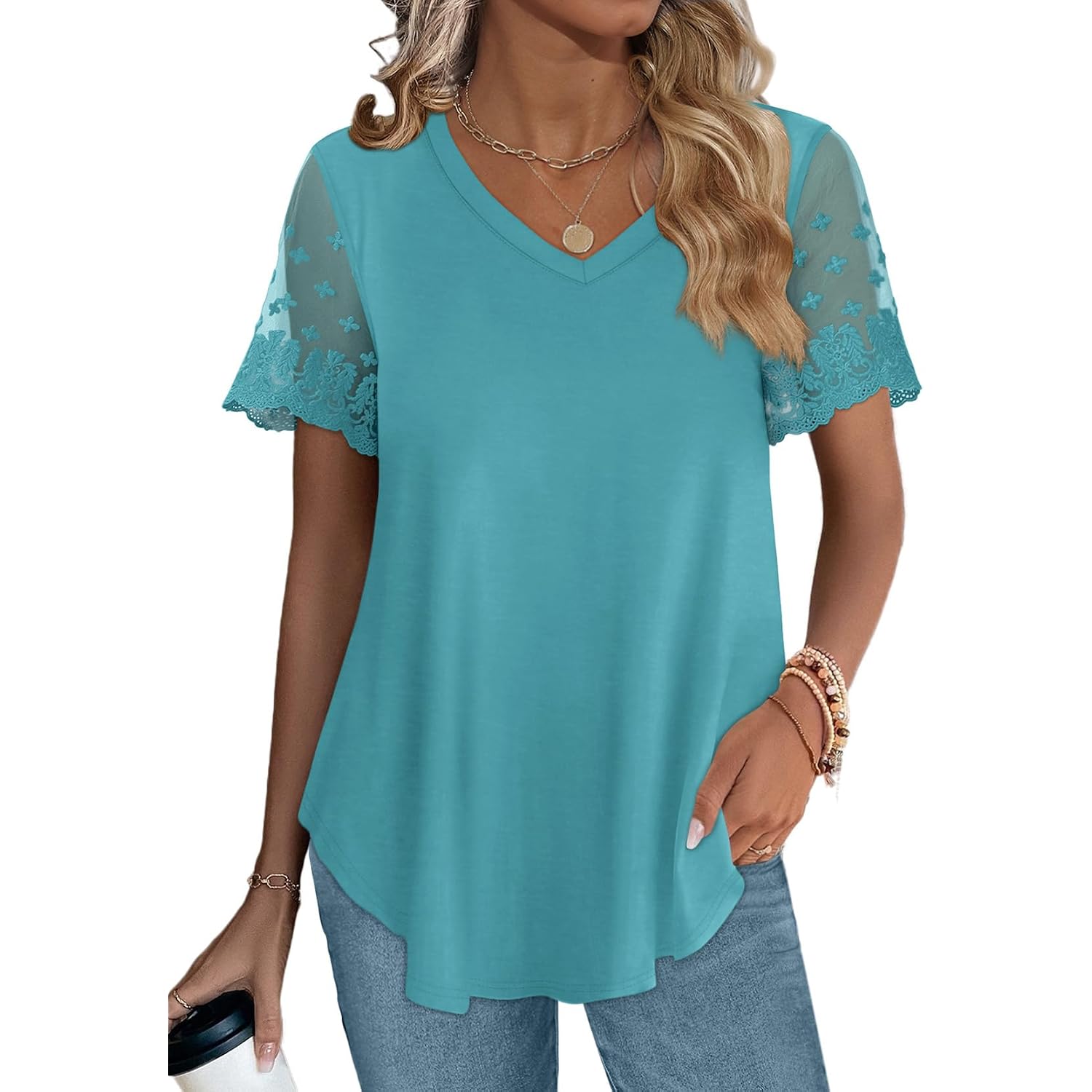 Ofeefan Casual V Neck T Shirts For Women Lace Short Sleeve Curved Hem Tops Loose Fit
