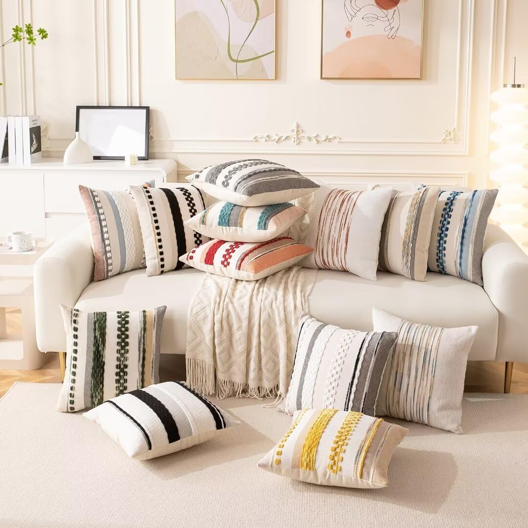Boho Throw Pillow Covers 18X18 Set Of 2 Farmhouse Decorative Cushion Case Striped Square Pillows Cover Chenille Pillow Cases Accent Neutral Pillowcase For Sofa Couch Bed,Sky Blue