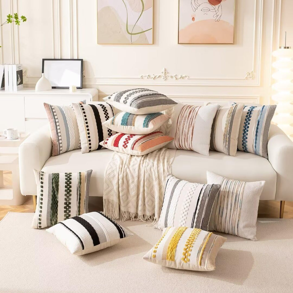 Boho Throw Pillow Covers 18X18 Set Of 2 Farmhouse Decorative Cushion Case Striped Square Pillows Cover Chenille Pillow Cases Accent Neutral Pillowcase For Sofa Couch Bed,Sky Blue