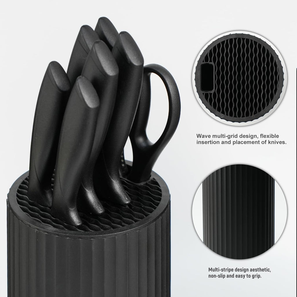 Knife Set, 8-Piece Kitchen Knife Set with Universal Block - Anti-Rust Chef Knives, Ergonomic Design, Dishwasher Safe (Black)