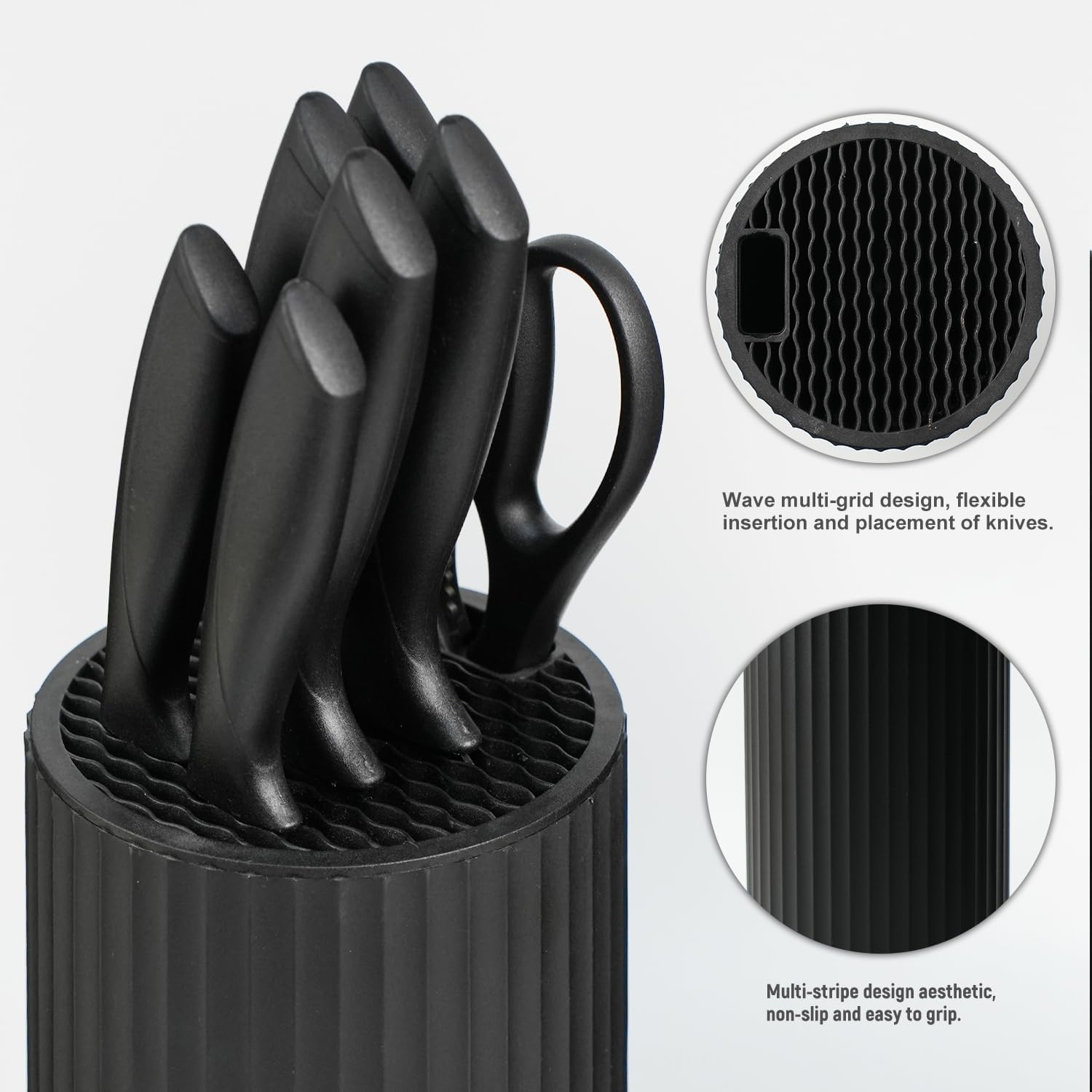 Knife Set, 8-Piece Kitchen Knife Set with Universal Block - Anti-Rust Chef Knives, Ergonomic Design, Dishwasher Safe (Black)
