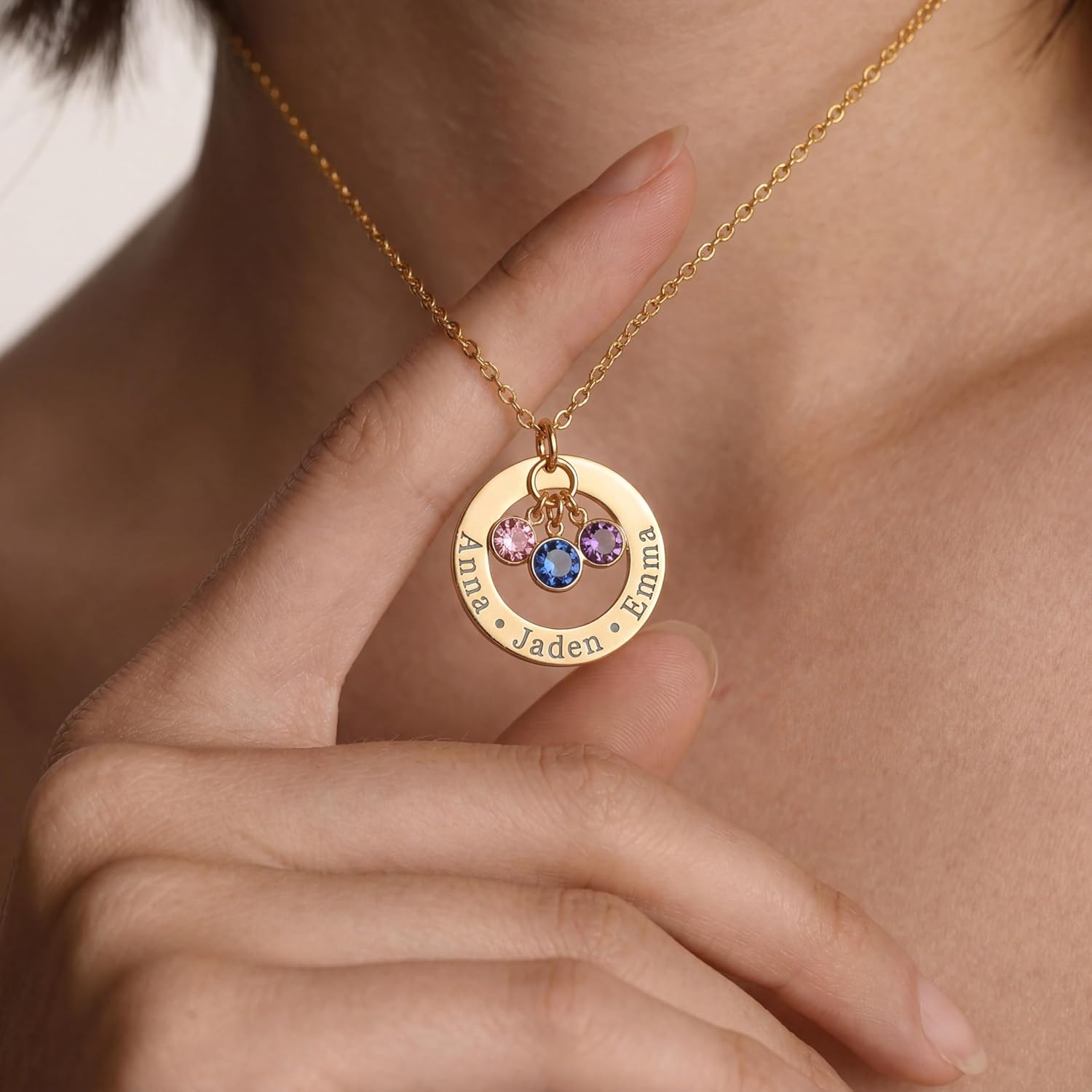 Birthstone Necklace for Mom Jewelry for Women Grandma Necklace Personalized Mothers Day gifs Necklace with 2 Children Kids Names -CIR-BSN
