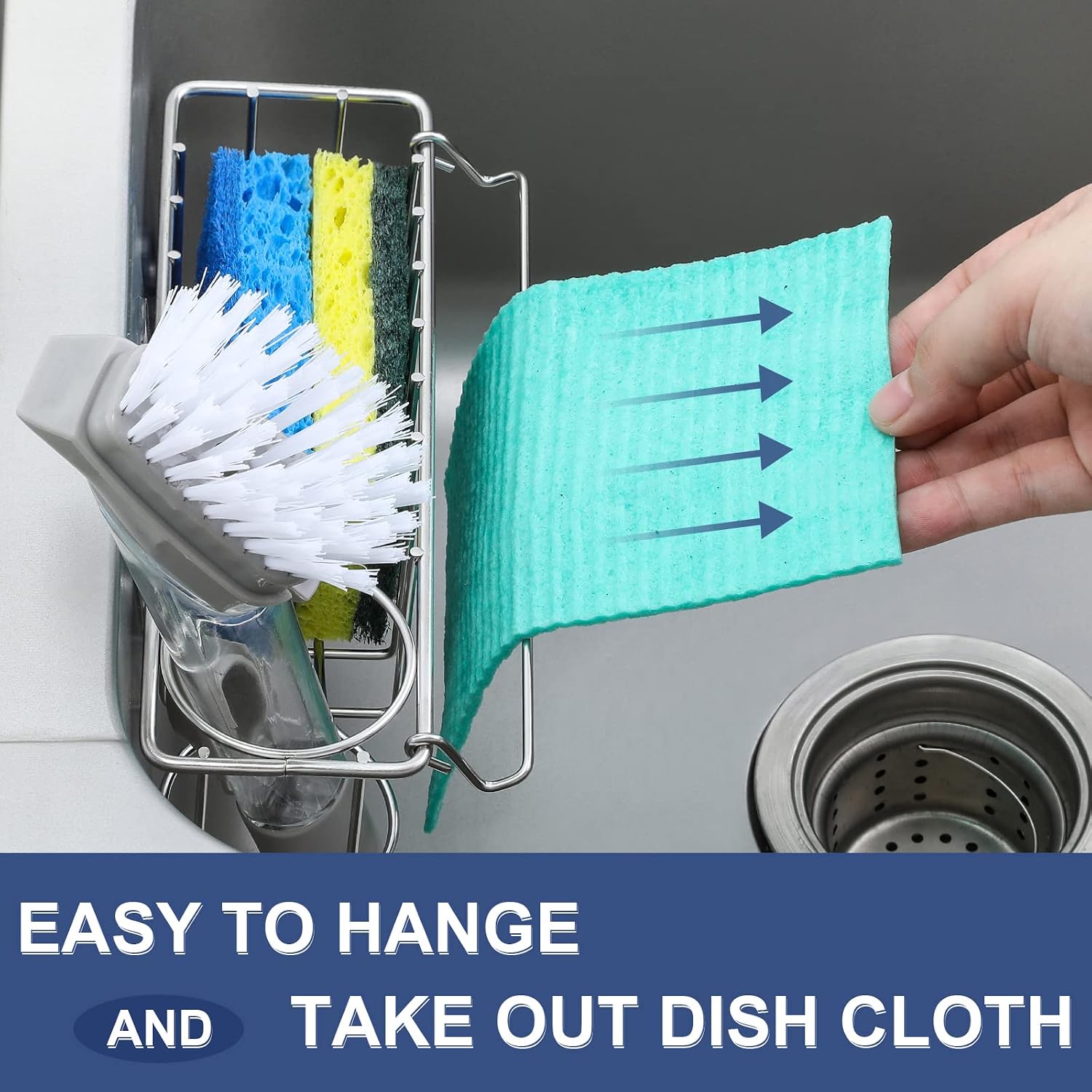 3-In-1 Sponge Holder For Kitchen Sink With Suction Cups & Adhesive Hook , In-Sink Sponge Holder, Wall Hanging Sink Caddy Organizer Rack - Sponge, Dish Cloth, Brush, Scrubber - 304 Stainless Steel