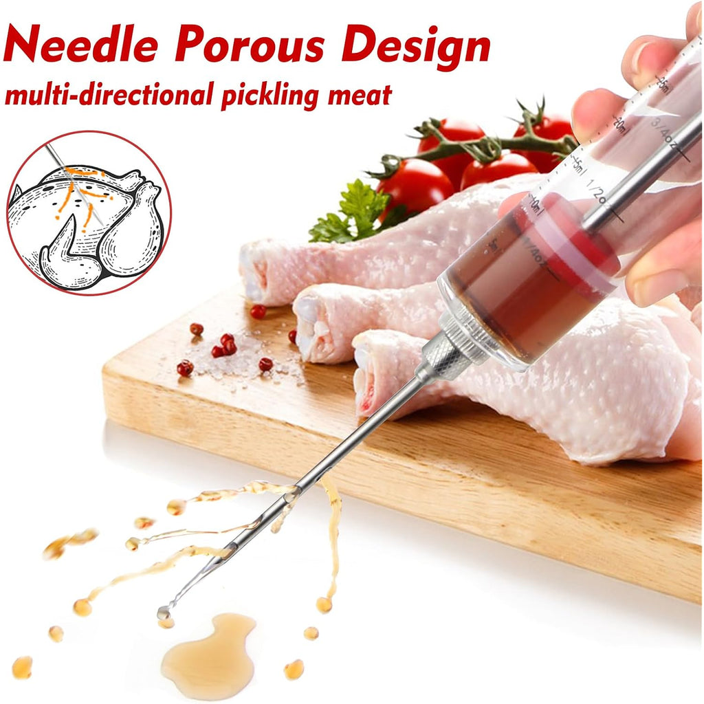 Meat Injector, 1-Oz Plastic Bbq Marinade Injector Kit, Turkey Injector Syringe (3 Stainless Steel Meat Needles +3 Replacement O Rings + 1 Cleaning Brush) For Turkey Smoked Bbq Grill