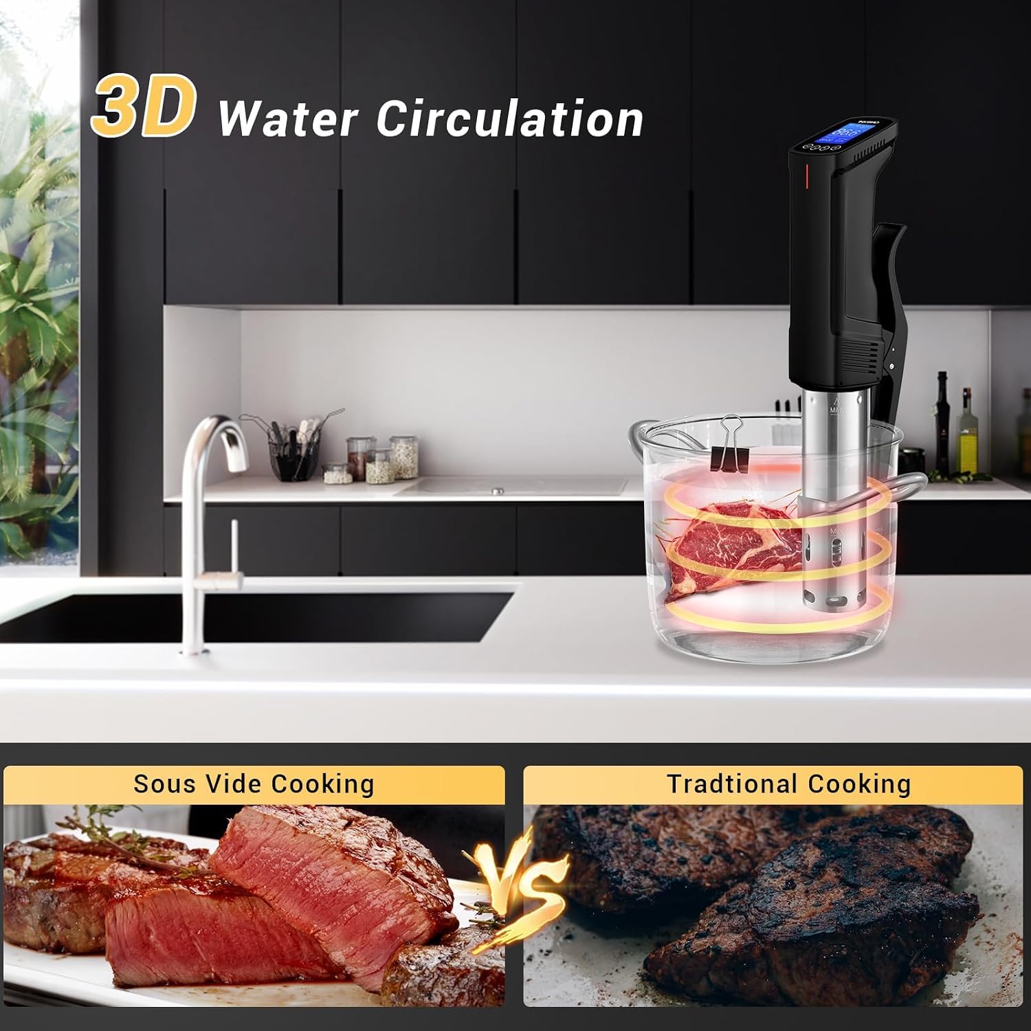 Inkbird Wifi Sous Vide Cooker Isv-100W, 1000 Watts Sous Vide Machine Immersion Circulator With 14 Free Preset Recipes On App & Calibration Function, Thermal Immersion, Fast-Heating With Timer