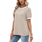 Womens Short Sleeve Sweater Textured Tunic Tops 2026 Spring Summer Business Casual Blouse