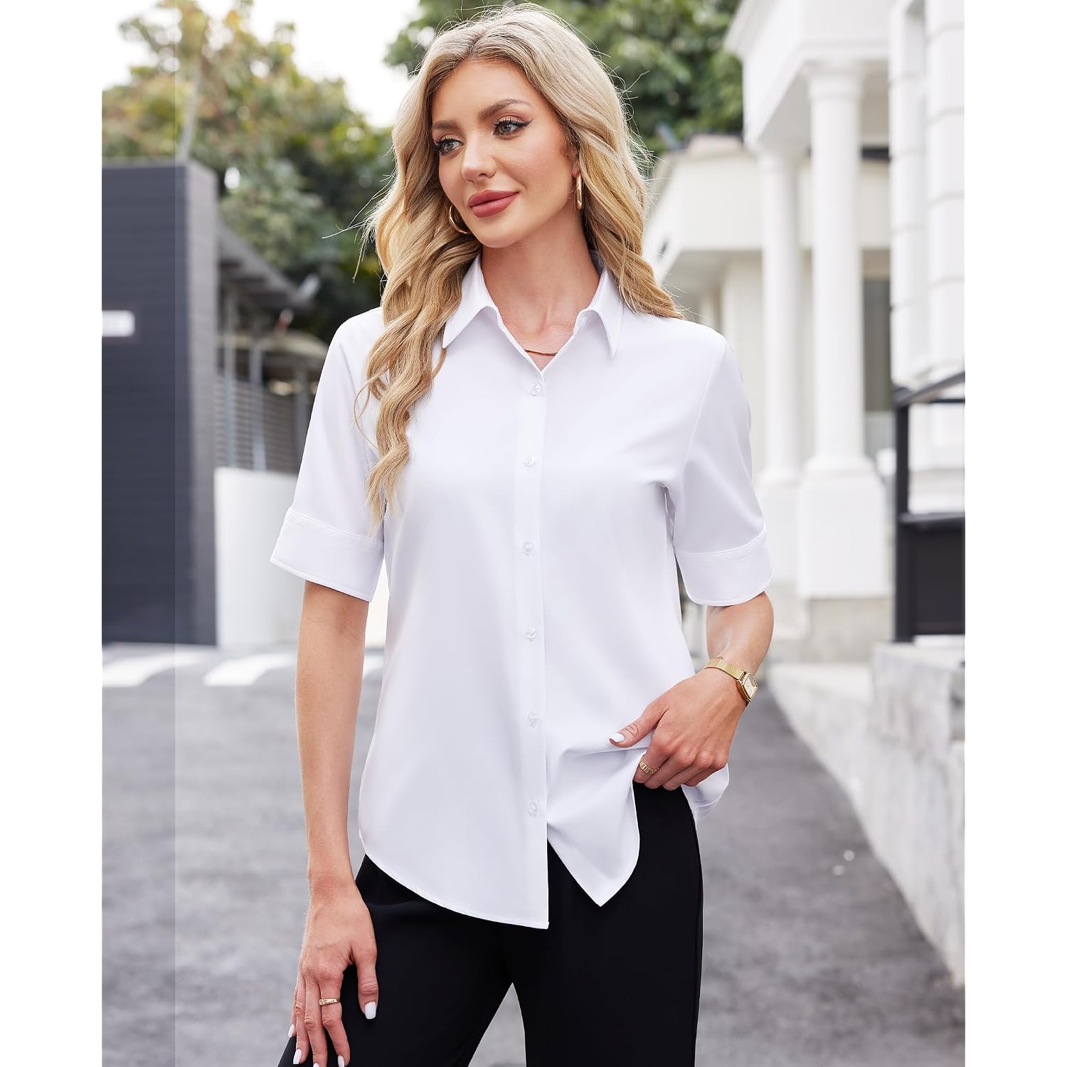 Gleeivy Women'S Short Sleeve Button Up Shirt Collared Fitted Wrinkle Free Blouse Stain Shield Professional Business Top