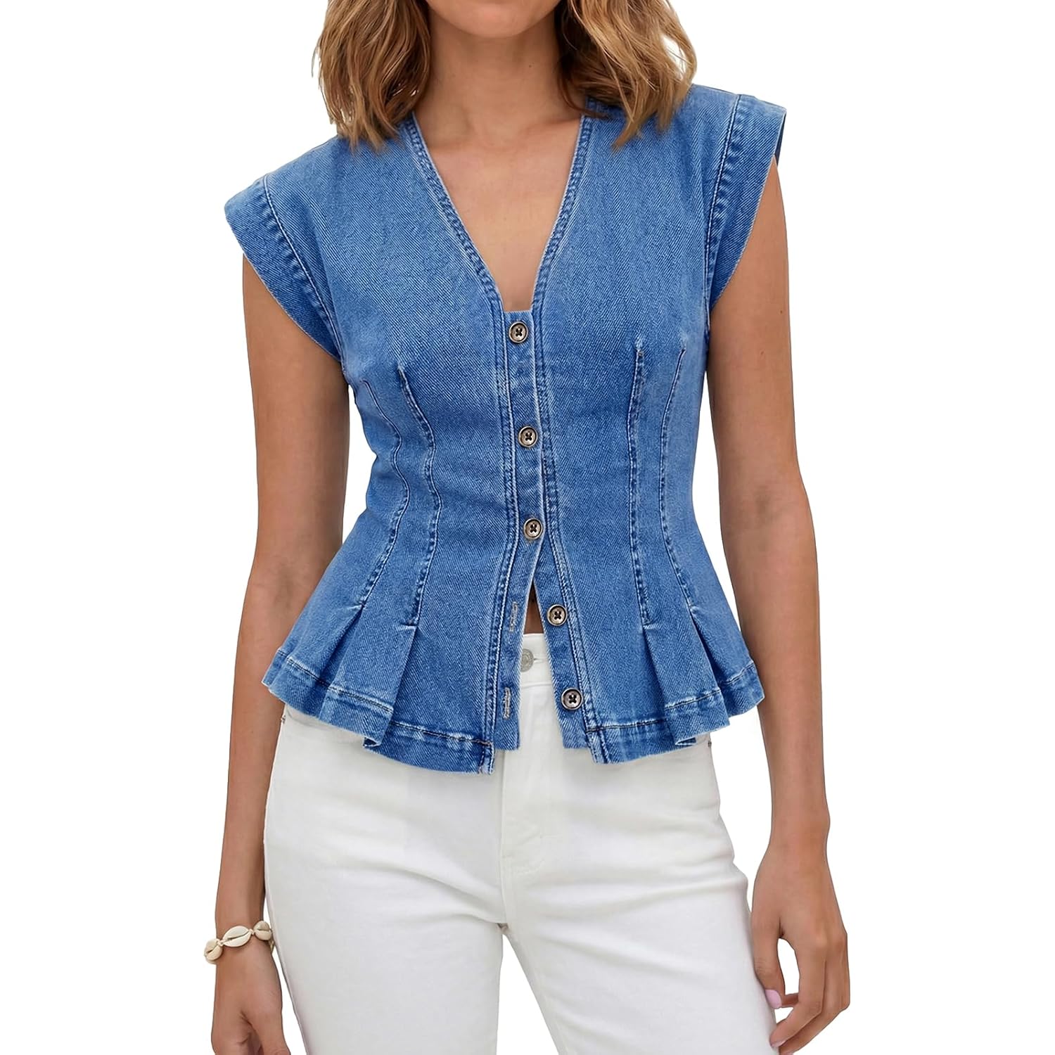 Tankaneo Womens V Neck Denim Vests Tops Trendy Summer Casual Button Down Y2K Fitted Pleated Sleeveless Jean Tops