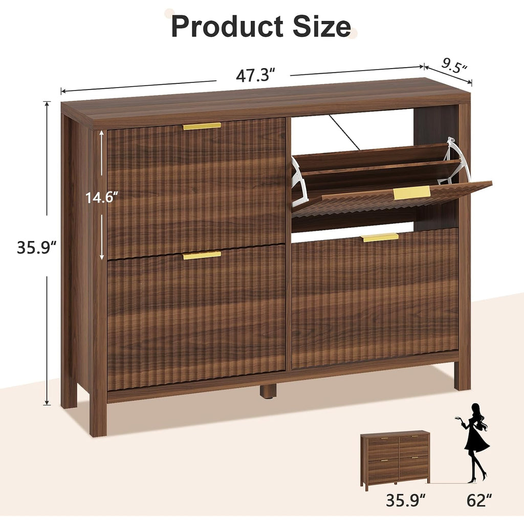 Shoe Cabinet Storage For Entryway, Fluted Shoe Cabinet With 4 Flip Drawers, Hidden Shoe Rack Freestanding Wooden Shoe Organizer With Legs For Hallway, Walnut