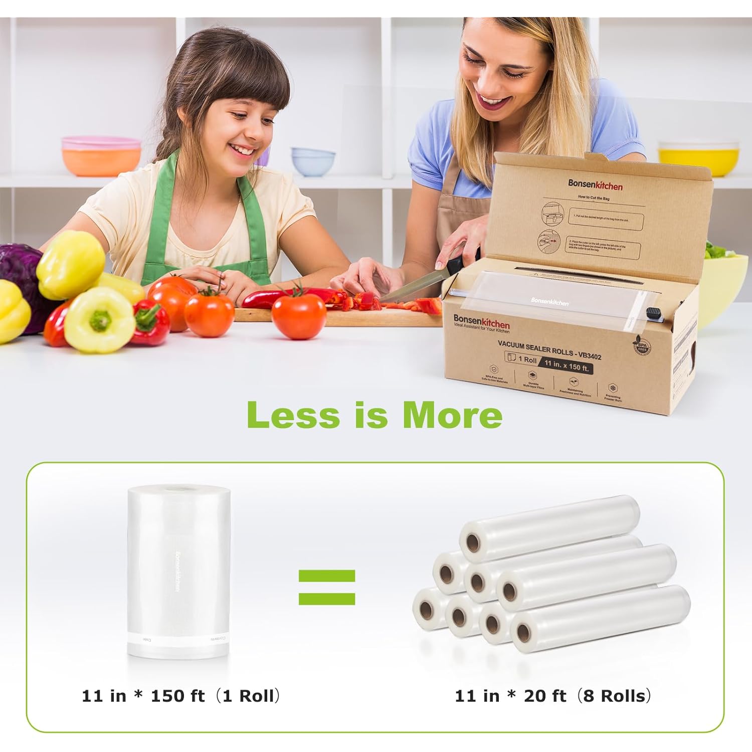 Bonsenkitchen 11” x 150’ Vacuum Sealer Bags Rolls with Cutter for Food Storage, Commercial Grade, BPA Free, Great for Meal Prep and Sous Vide Cooking