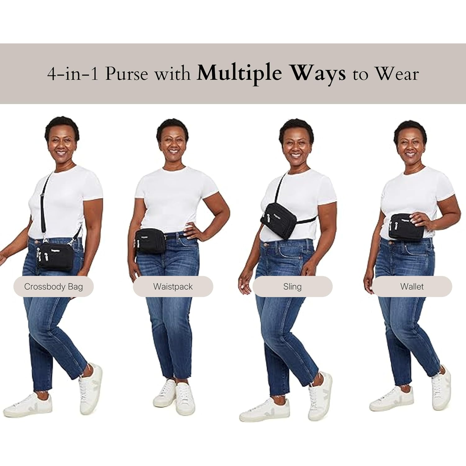 Baggallini Triple Zip Small Crossbody Bag For Women - Lightweight Convertible Fanny Pack Belt Bag