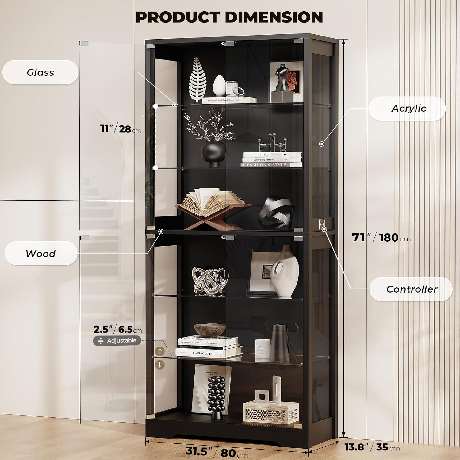 Brottar Display Cabinet With Glass Door, 6-Tier 71" Curio Cabinet With 3 Color Lights For Collectibles, Display Case With Adjustable Glass Shelves, Human Body Sensor, Storage Cabinets, Black