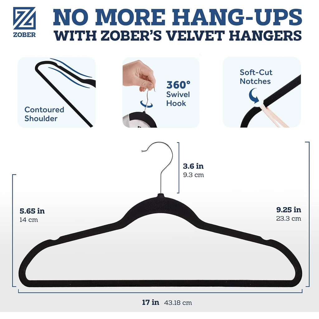 Zober Black Velvet Hangers 50 Pack - Clothes Hangers, Coat Hanger For Pants & Dress Clothes - Non Slip W/ 360 Degree Swivel, Holds Up To 10 Lbs - Strong Felt Hanger For Clothing