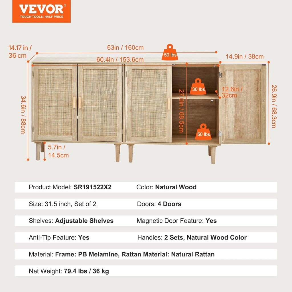 Vevor Rattan Buffet Cabinet With Storage, 4 Magnetic Doors And Adjustable Shelves, Sideboard For Hallway, Living Room, Kitchen, Natural