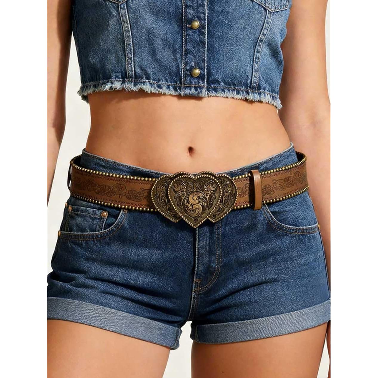Women Western Belt with Heart Embossed Buckle Vintage Brown Belt for Jeans Pant Dress Cowgirl Cowboy Belts