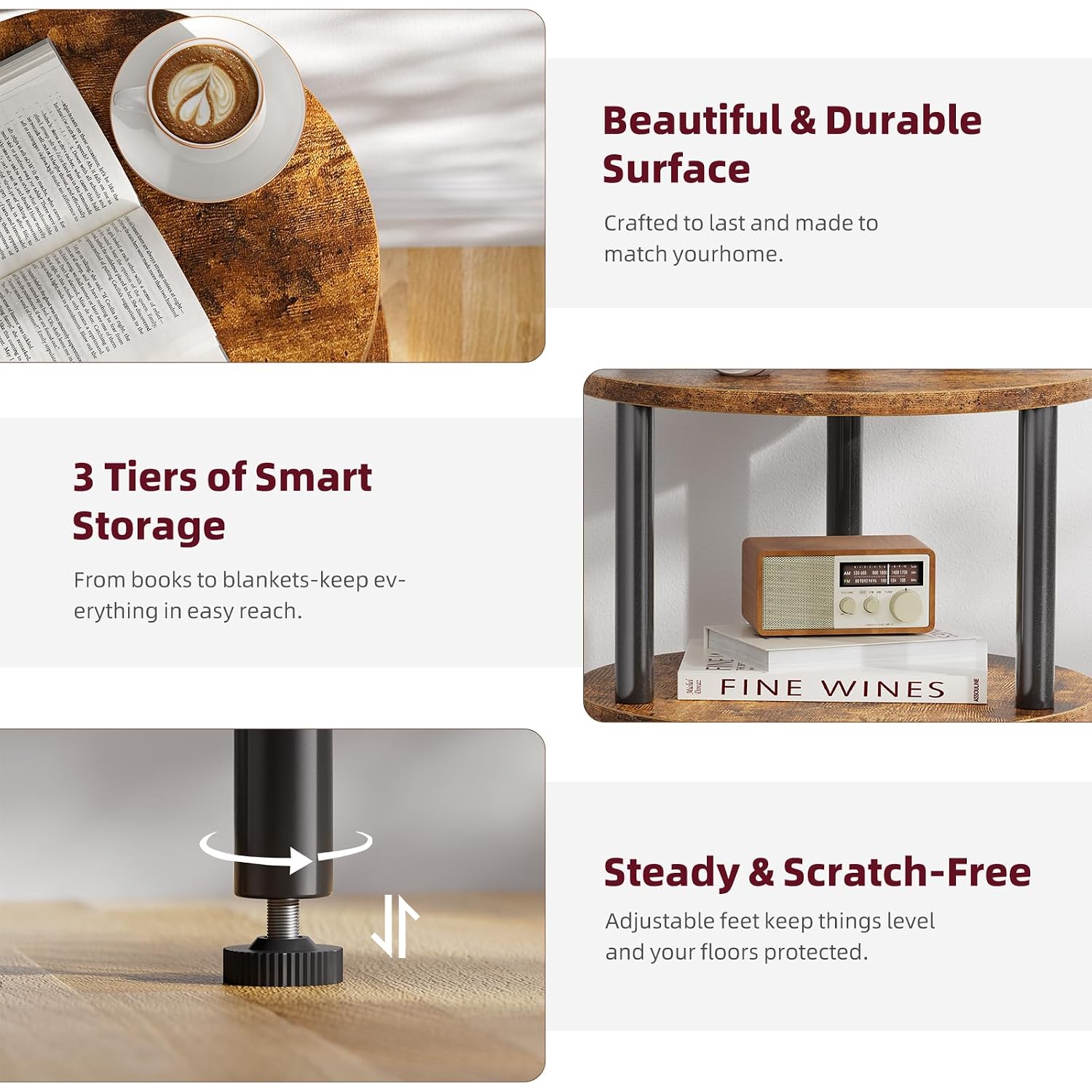 Simple Trending Side Table Living Room, Small Round End Table, 3 Tiers Accent Table For Small Spaces, Rustic Brown