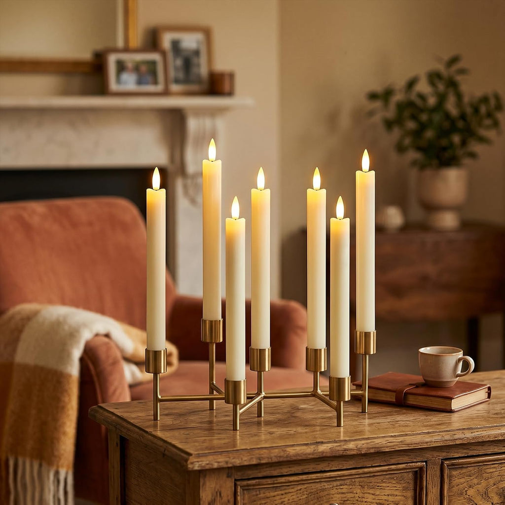 Genswin Flameless Ivory Taper Candles Flickering With 10-Key Remote, Battery Operated Led Warm 3D Wick Light Window Candles Real Wax Pack Of 6, Christmas Home Wedding Decor(0.78 X 9.64 Inch)