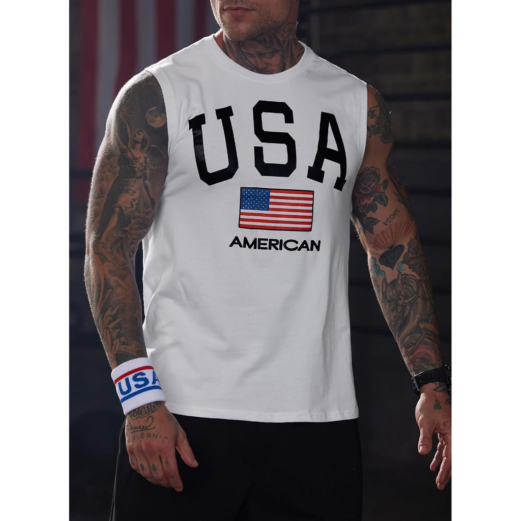 Mainfini Men American Flag Tank Top Muscle Graphic Gym Workout Usa Sleeveless Tee Shirts (S-3Xl)
