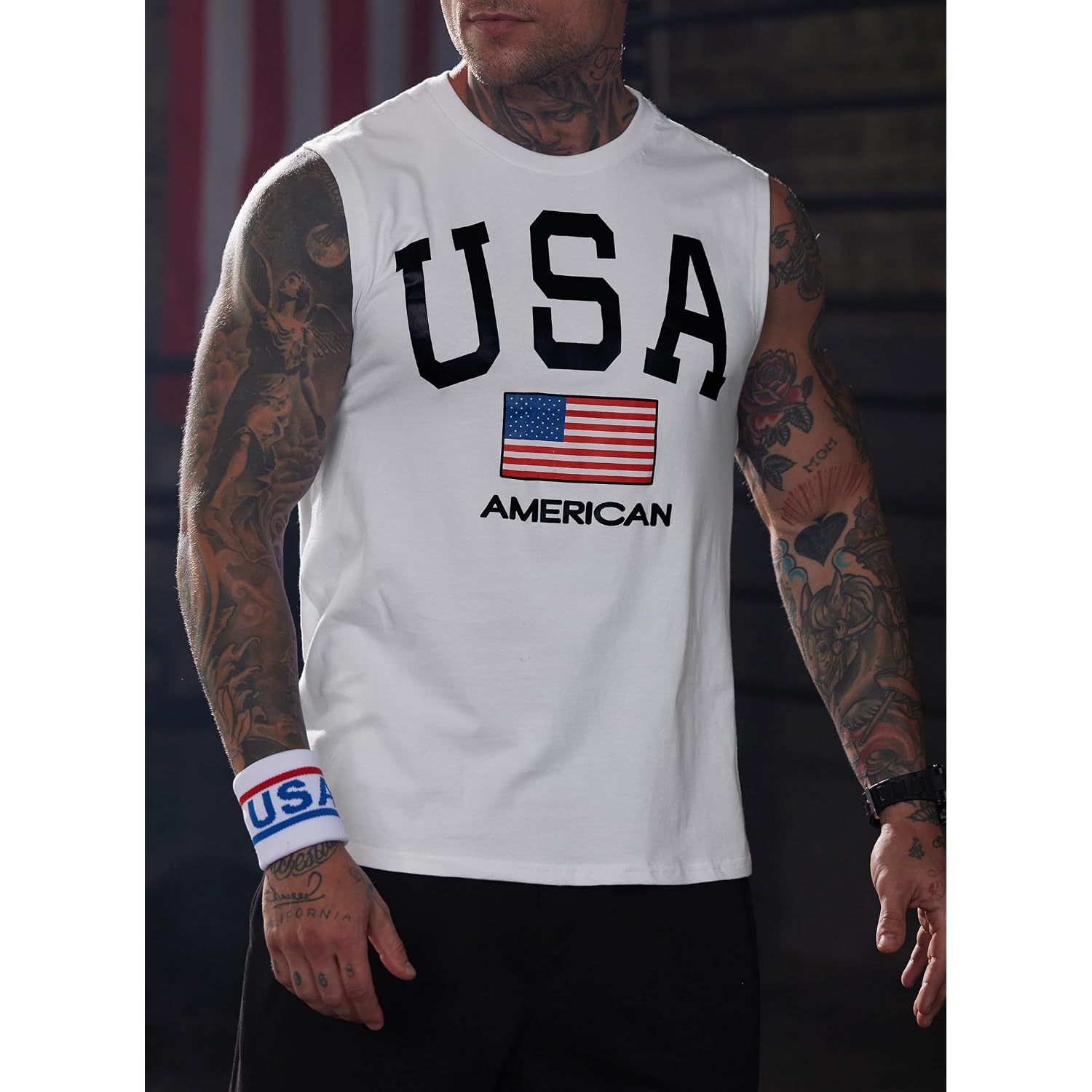 Mainfini Men American Flag Tank Top Muscle Graphic Gym Workout Usa Sleeveless Tee Shirts (S-3Xl)