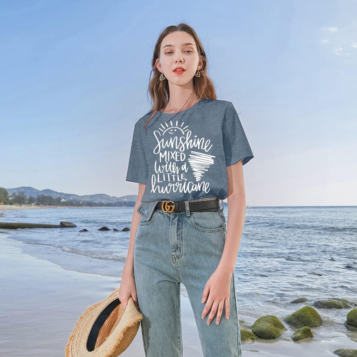 Cute Graphic Tees for Women Sunshine Mixed with A Little Hurricane Funny Saying Letter Print T Shirt Blue