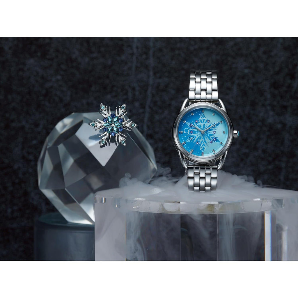 Citizen Women'S Eco-Drive Disney Princess Frozen Crystal Watch And Pin Gift Set In Silver Stainless Steel Watch, Blue Dial (Model: Fe7091-61W)