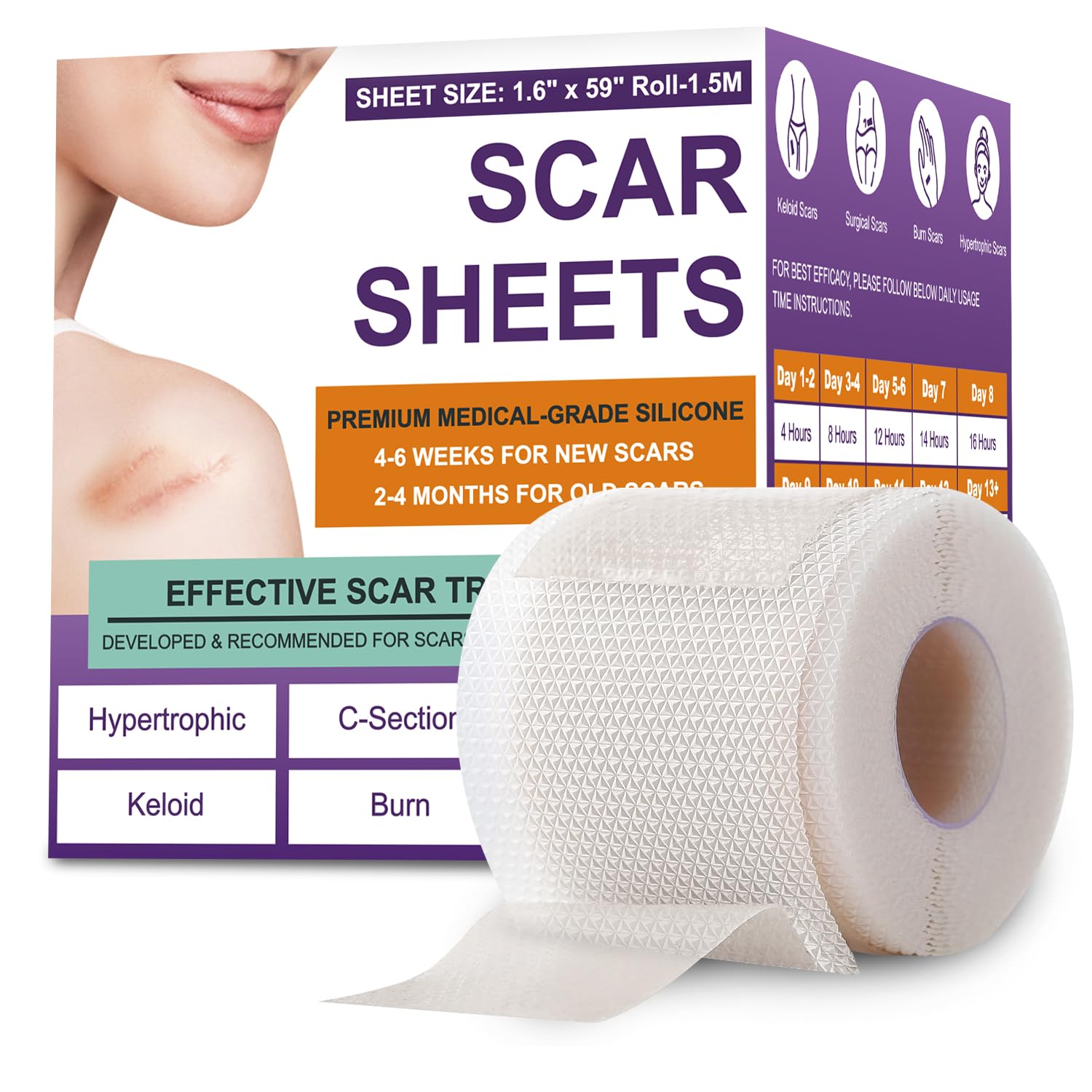 Silicone Scar Sheets, Medical Grade Silicone Scar Tape For Surgical, Hypertrophic, Keloid, C-Section, Burn, Old & New Scars, Reusable Professional Scars Removal Sheets (1.6"X 59" Roll-1.5M)