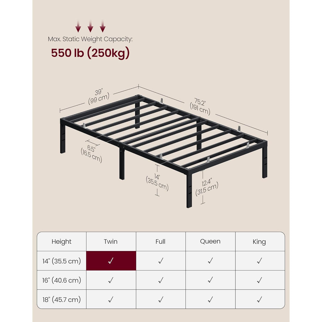 VASAGLE Twin Metal Bed Frame 14 Inches Tall, 550 lb Weight Capacity, No Box Spring Needed, with Under-Bed Storage, Easy Setup, Heavy-Duty Platform Bed, Mattress Retainers, Matte Black URMB653BD02S