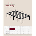 VASAGLE Twin Metal Bed Frame 14 Inches Tall, 550 lb Weight Capacity, No Box Spring Needed, with Under-Bed Storage, Easy Setup, Heavy-Duty Platform Bed, Mattress Retainers, Matte Black URMB653BD02S