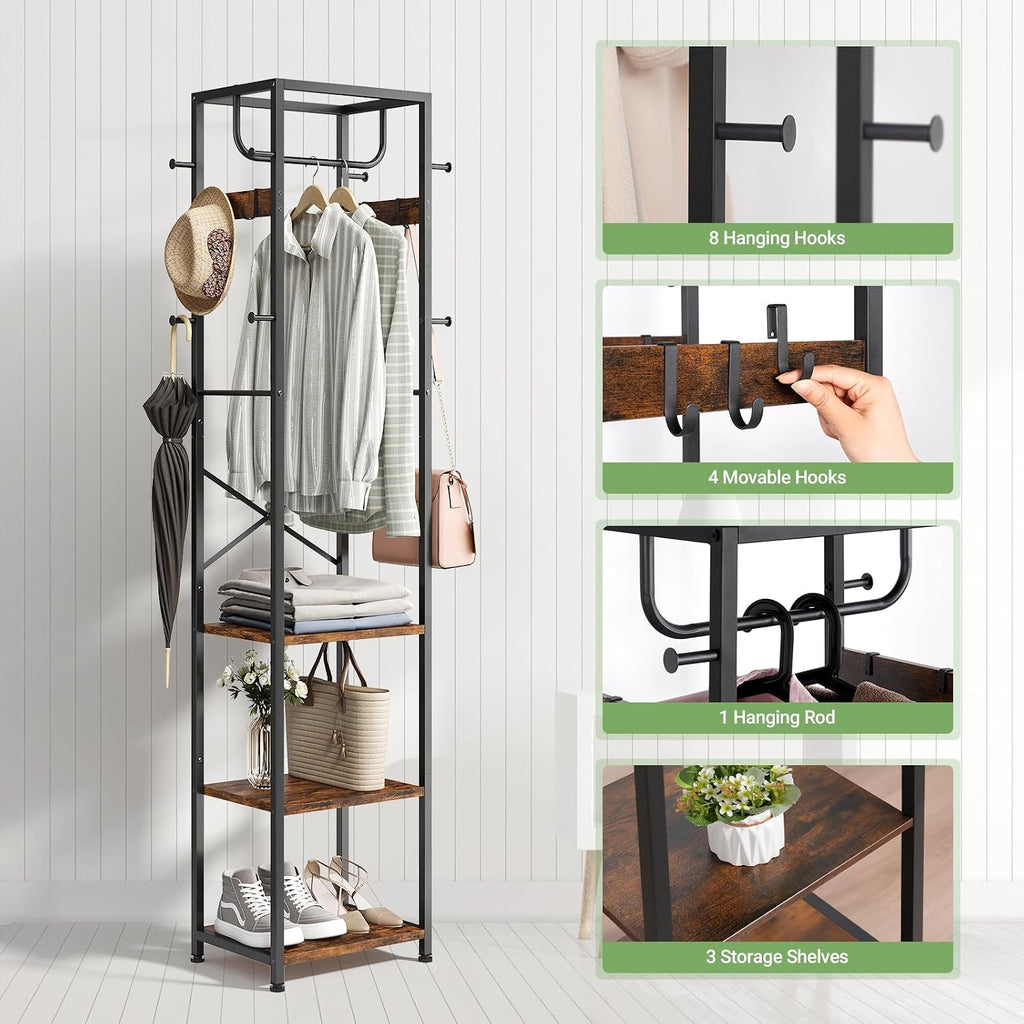 Coat Rack Freestanding, Hall Tree With 3 Shelves And 12 Hooks, Rustic Brown | Industrial Metal Frame, Space-Saving Design, Clothes Rack Stand Organizer For Bedroom, Hallway, Entryway, Office, Living Room