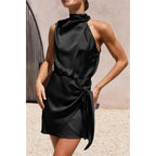 Prettygarden Women'S Short Formal Satin Dress Summer Sleeveless Mock Neck Tie Waist Cocktail Party Dresses