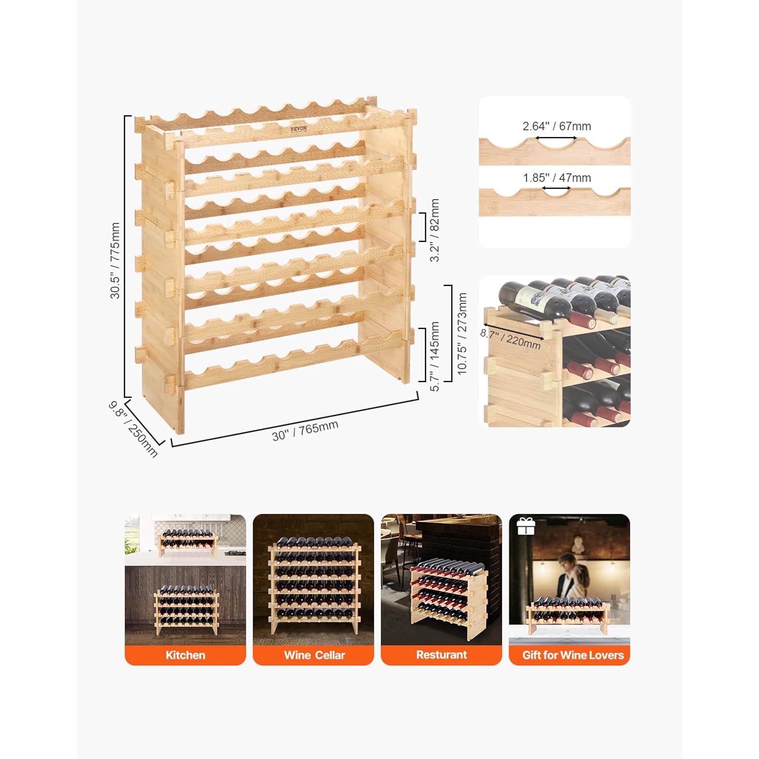 Vevor 6-Tier 48 Bottles Stackable Modular Wine Rack, Freestanding Wines Holder Display Shelf, Solid Bamboo Wood Storage Racks, Wobble-Free Shelves For Kitchens, Dining Rooms, Cellars, Natural Color