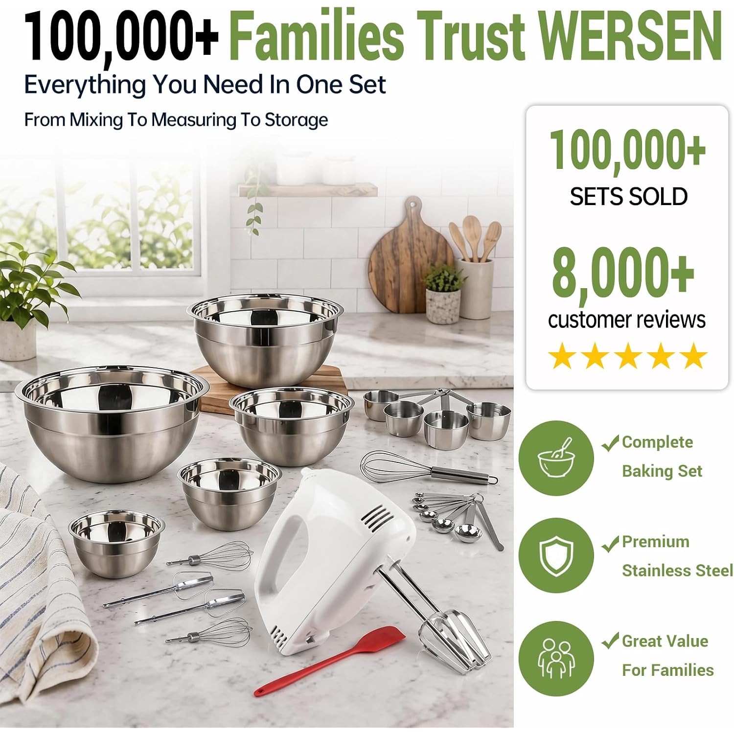 Wepsen 5-Speed Electric Hand Mixer, 4 Large Mixing Bowls Set, Handheld Mixers With Whisks Beater, Stainless Steel Metal Nesting Bowl Measuring Cups Spoons Kitchen Cake Blender For Baking Supplies