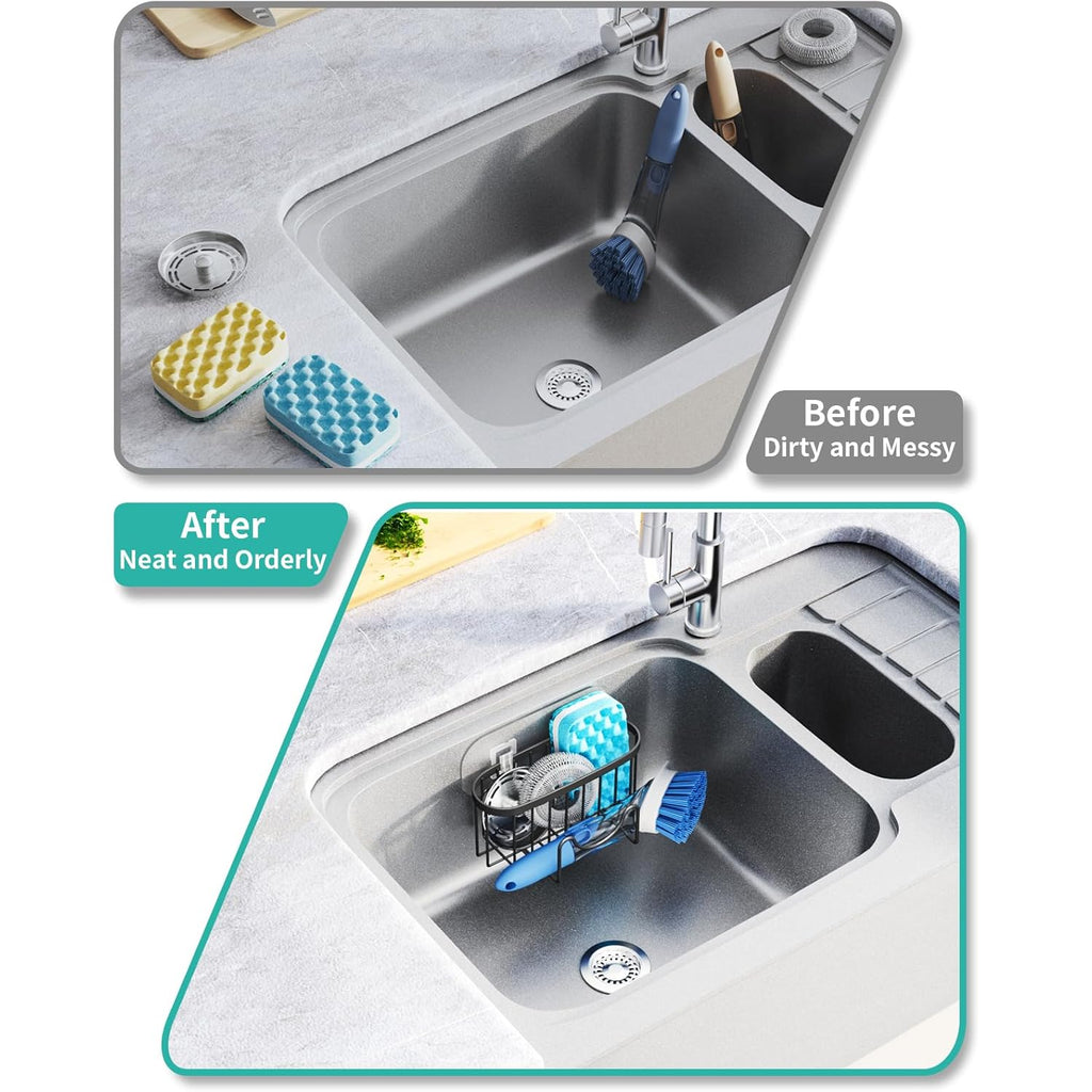HapiRm Multifunctional Sponge Holder with Unique M-Shaped, 2 Installation Methods Kitchen Sink Caddy Organizer, Rustproof Stainless Steel Kitchen Organizers and Storage Essentials - Black