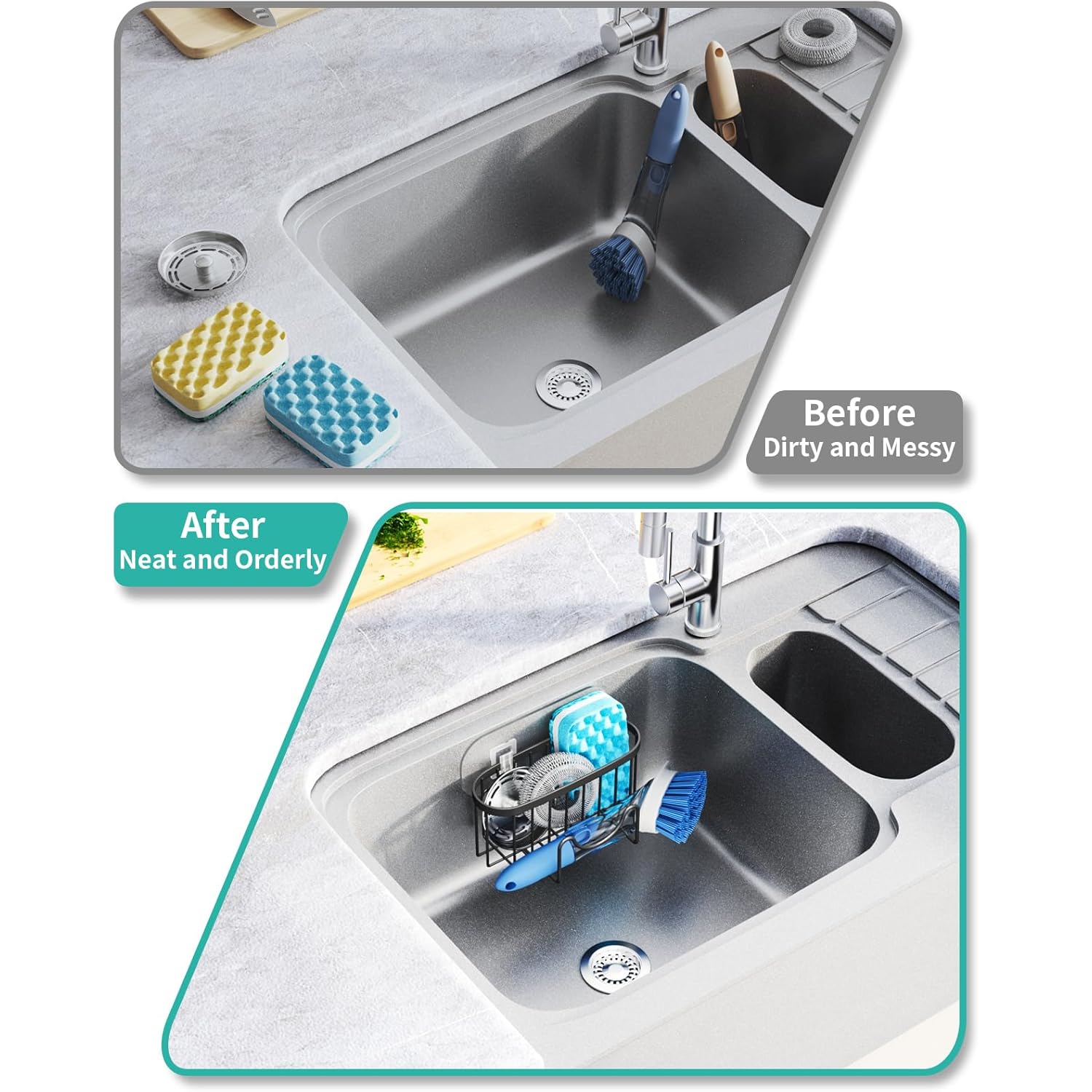 HapiRm Multifunctional Sponge Holder with Unique M-Shaped, 2 Installation Methods Kitchen Sink Caddy Organizer, Rustproof Stainless Steel Kitchen Organizers and Storage Essentials - Black
