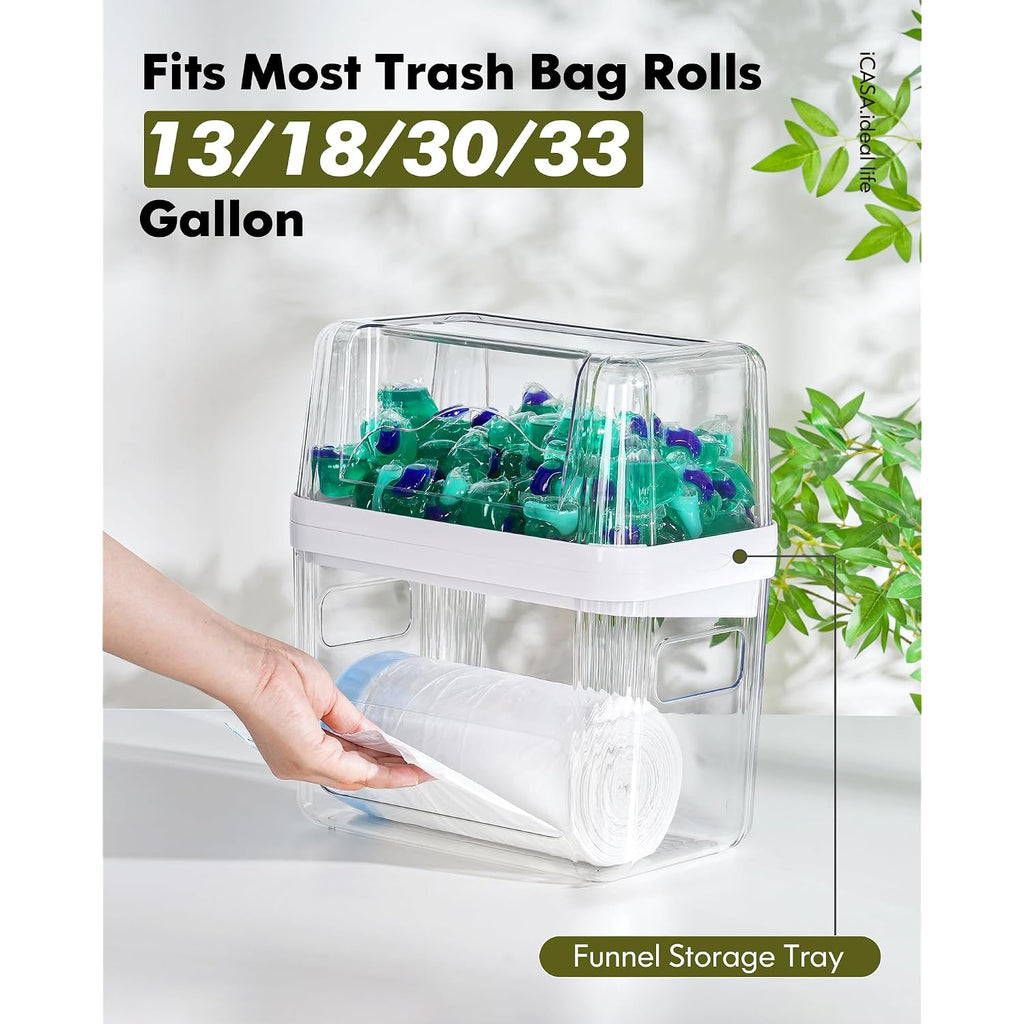 Icasa Trash Bag And Dishwasher Pod Dispenser - 3 In 1 Clear Storage Bins Holder For 13/30/33 Gallon Garbage Bags, Laundry Detergent Pods & Tabs, Under Sink Organizer For Kitchen And Laundry Room