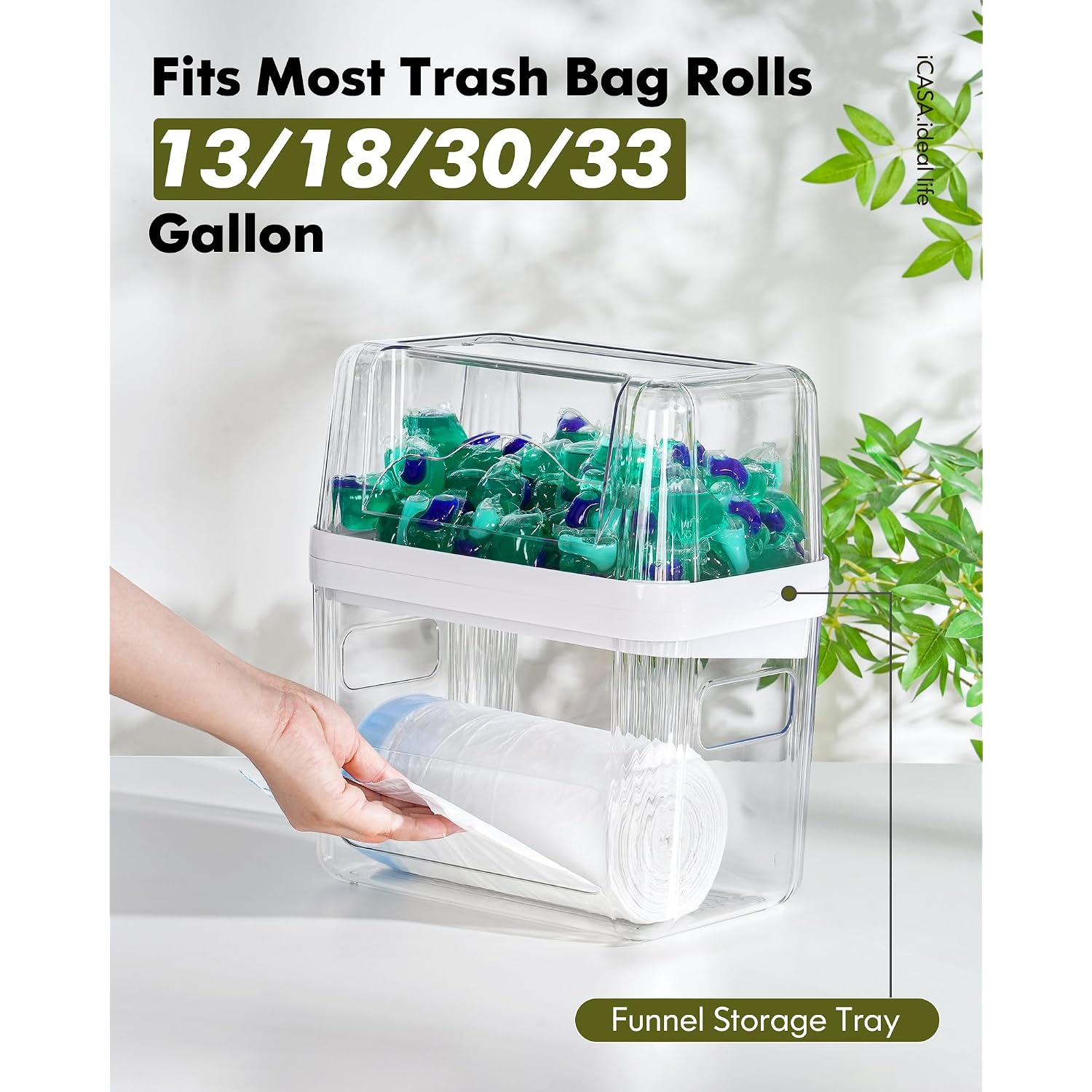 Icasa Trash Bag And Dishwasher Pod Dispenser - 3 In 1 Clear Storage Bins Holder For 13/30/33 Gallon Garbage Bags, Laundry Detergent Pods & Tabs, Under Sink Organizer For Kitchen And Laundry Room