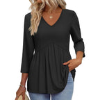 Ofeefan 3/4 Length Sleeve Womens Tops 2025 Blouses For Women Dressy Casual Fashion Clothing V Neck Babydoll Tops Fall Outfits