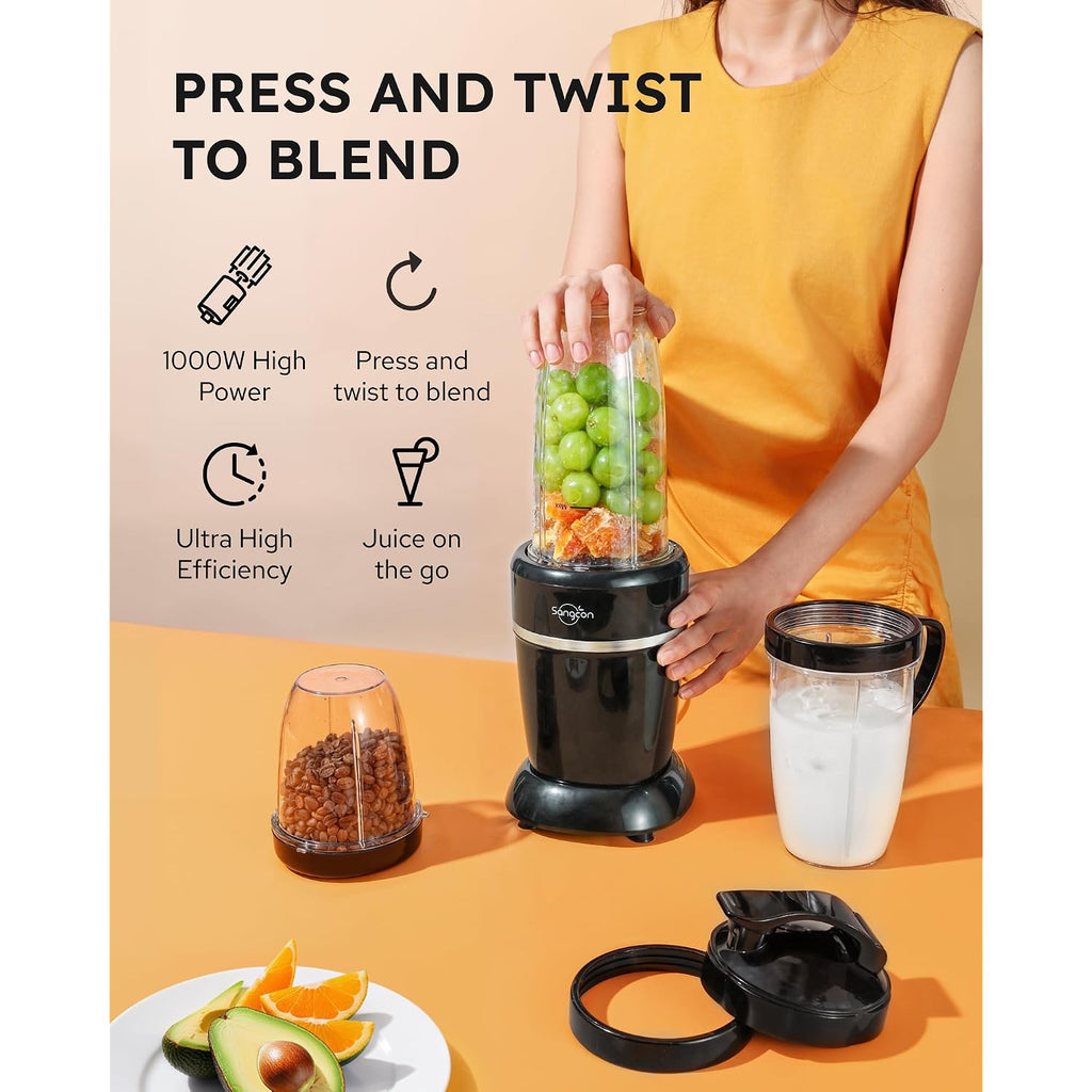 Sangcon 1000W Smoothie Blender For Kitchen, Blenders For Smoothies With (3) Cups (2) Spout Covers (1) Storage Cap (1) To-Go Cap, Portable Blender For Shakes, Ice Crushing, Frozen Drinks, Spices