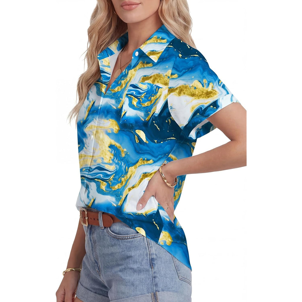 Women's Button Down Shirt V Neck Short Sleeve Blouse Business Casual Collared Summer Tops with Pocket