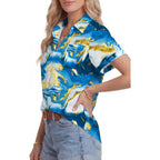 Women's Button Down Shirt V Neck Short Sleeve Blouse Business Casual Collared Summer Tops with Pocket