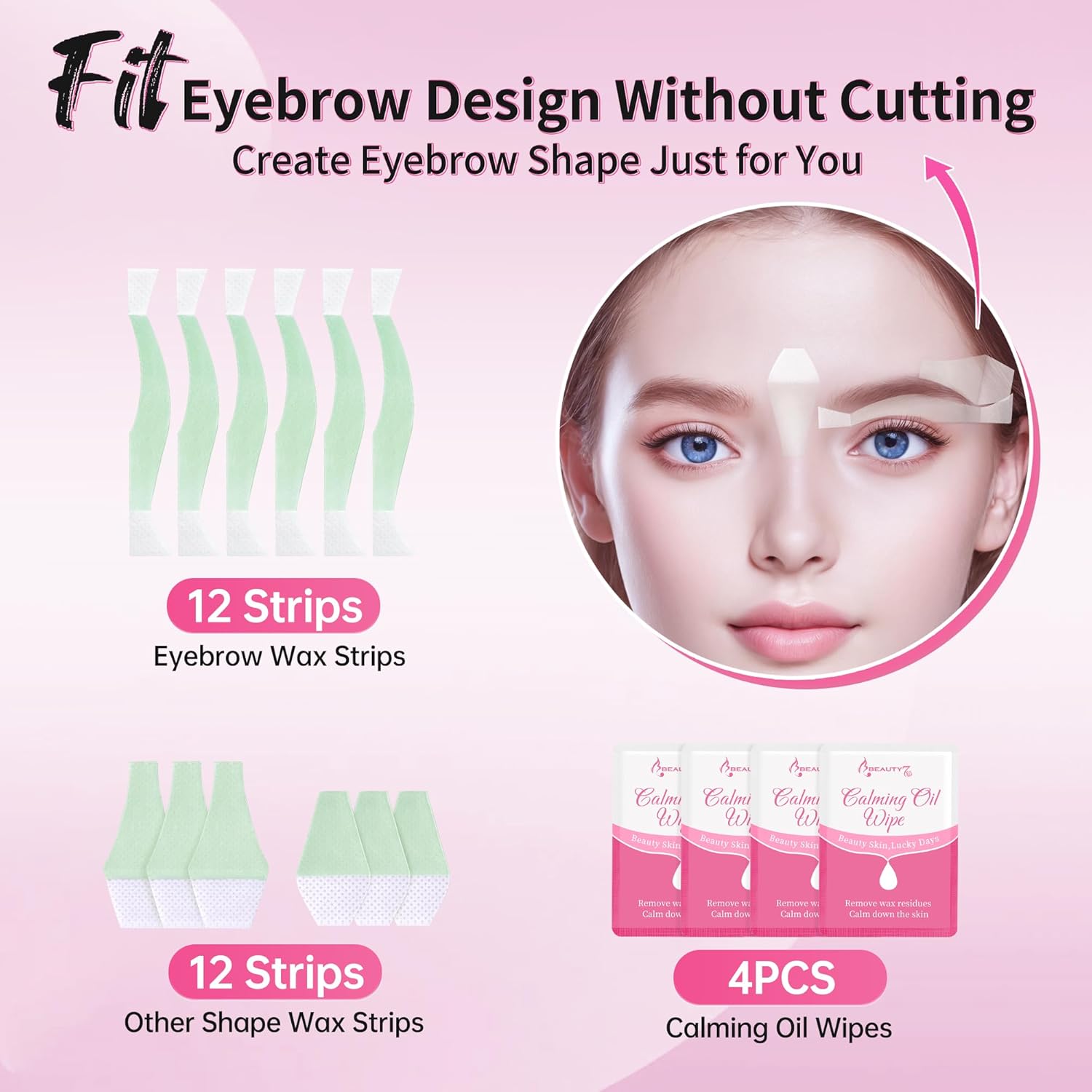 Beauty7 Facial Wax Strips for Hair Removal - Eyebrow Wax Strips at Home - 24 Strip, 4 Calming Oil Wipes for All Skin Types for Women