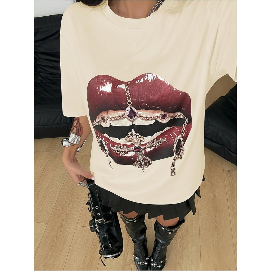 Verdusa Women's Y2k Lips Print Graphic T Shirts Rave Hip Hop Tees Streetwear Going Out Tops Apricot
